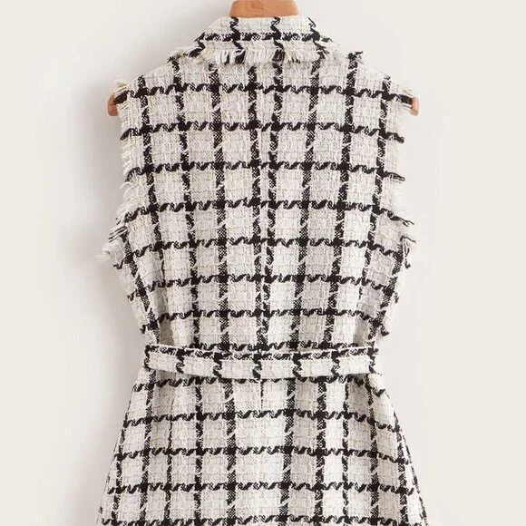 Multicolor Elegant Women's Plaid Pattern Raw Trim Belted Tweed Vest Overcoat - Picture 2 of 4